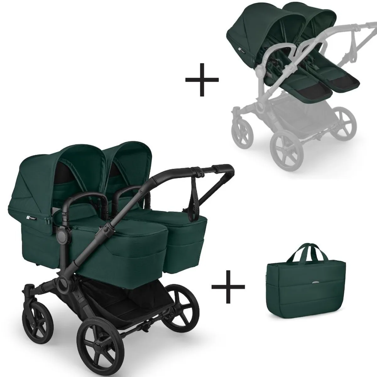 Bugaboo Combi Kinderwagens|Tweelingwagens * Tweeling Kinderwagen Donkey 6 Compleet Black - Fern Green Groen