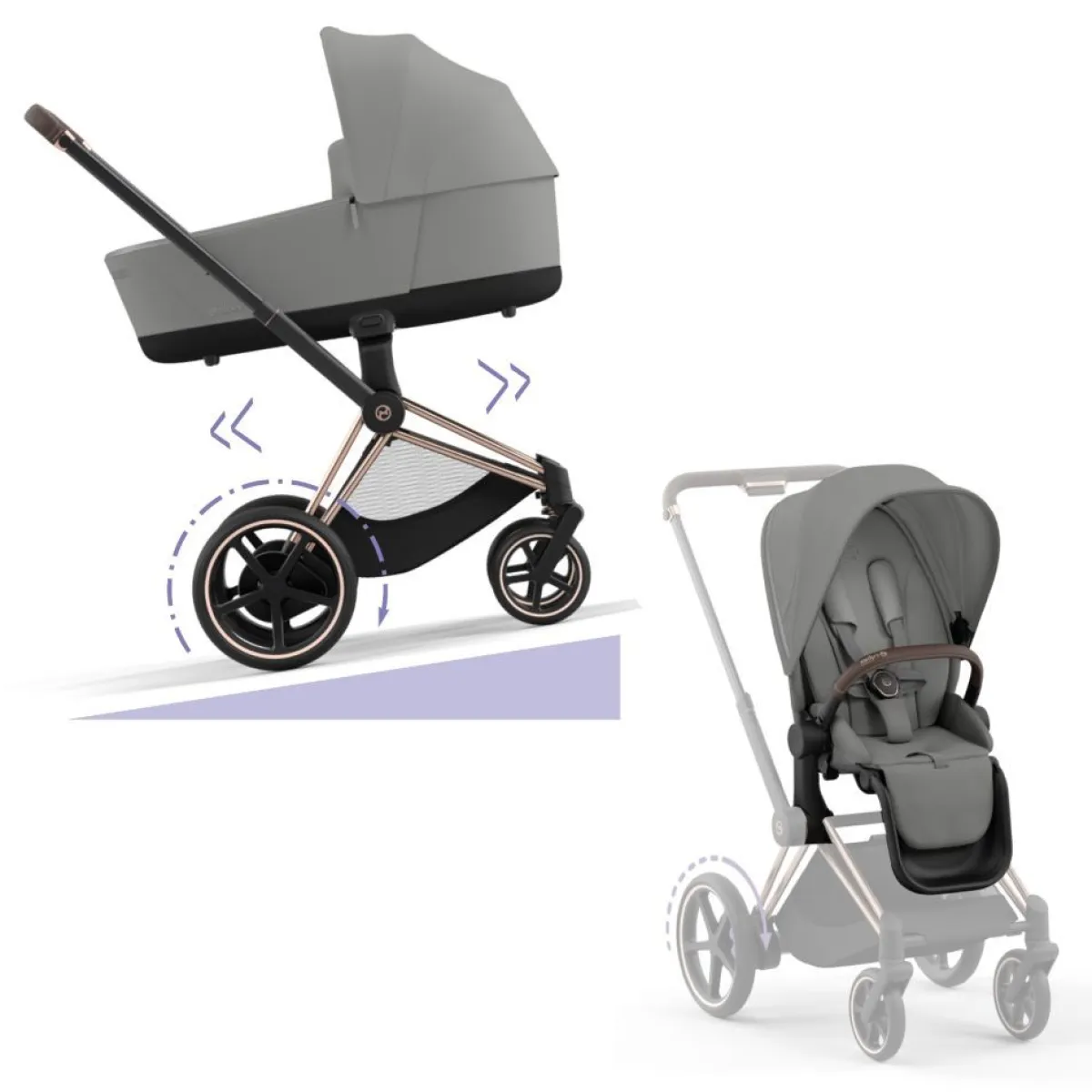 Cybex Combi Kinderwagens * E-Priam Kinderwagen Compleet Mirage Grey - Rosegold Frame