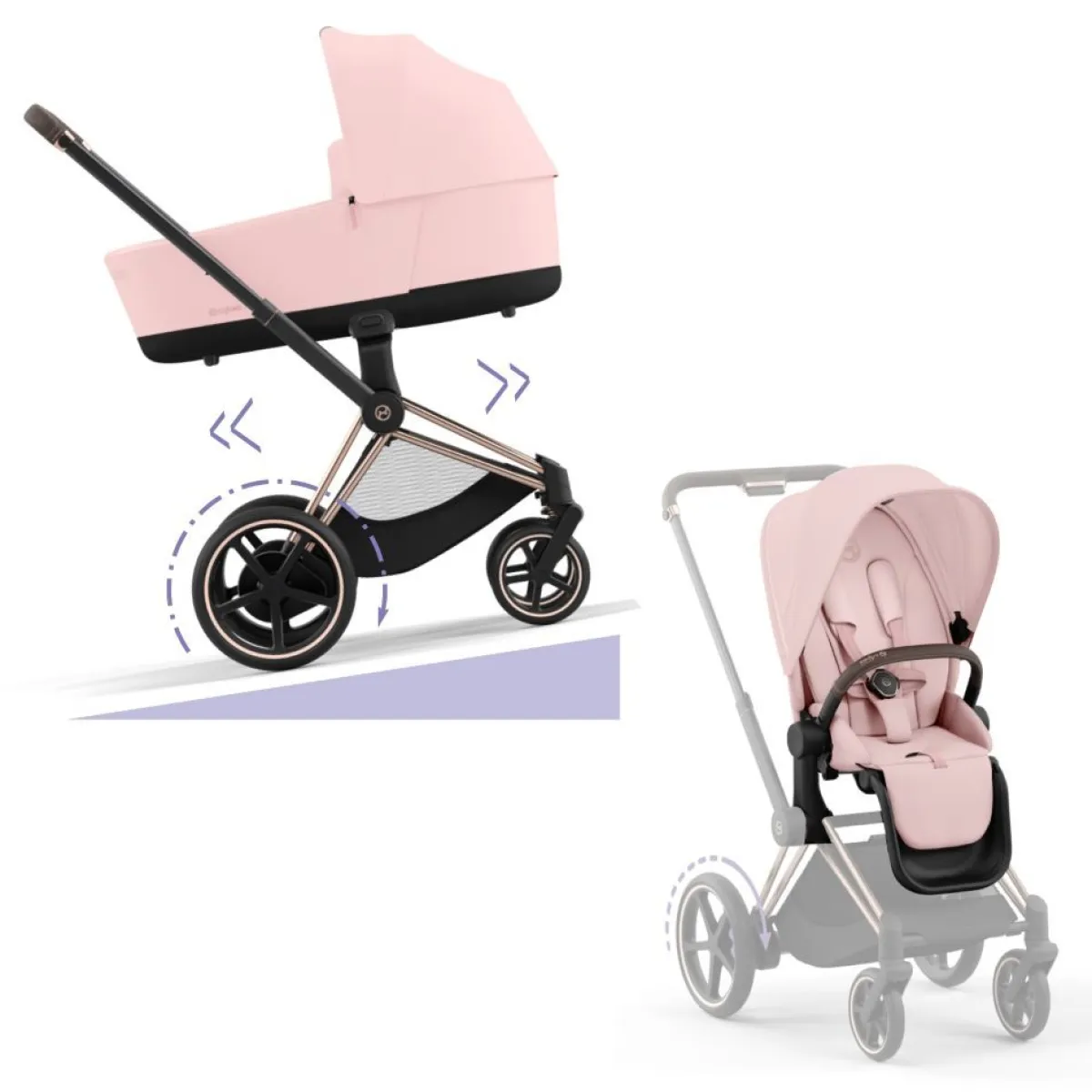 Cybex Combi Kinderwagens * E-Priam Kinderwagen Compleet Peach Pink - Rosegold Frame