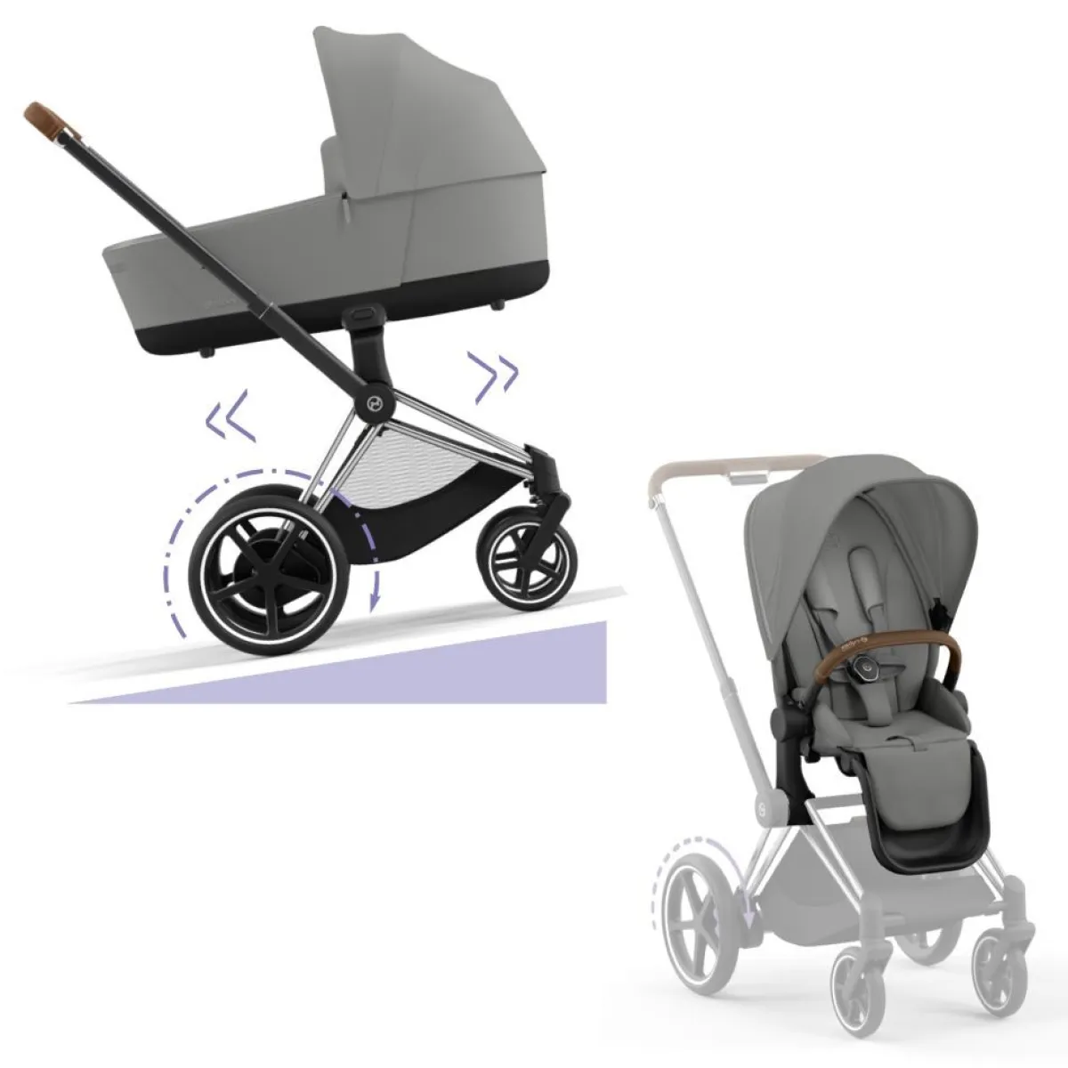 Cybex Combi Kinderwagens * E-Priam Kinderwagen Compleet Mirage Grey - Chrome Brown Frame
