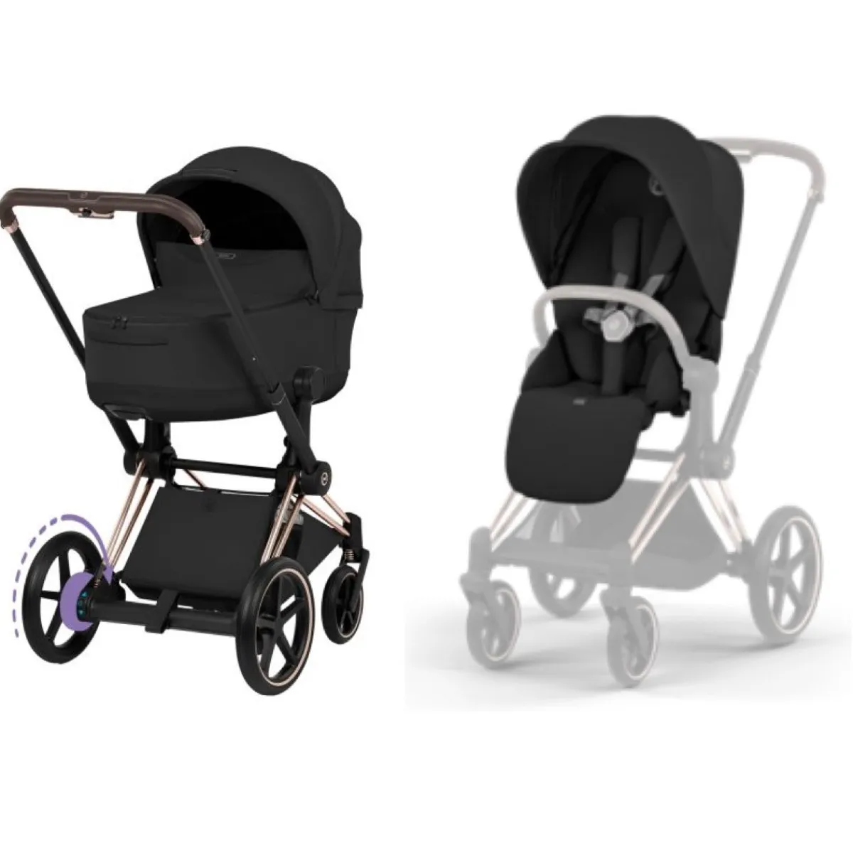 Cybex Combi Kinderwagens * Kinderwagen e-Priam 5 Compleet Comfort Rosegold Frame - Sepia Black Zwart
