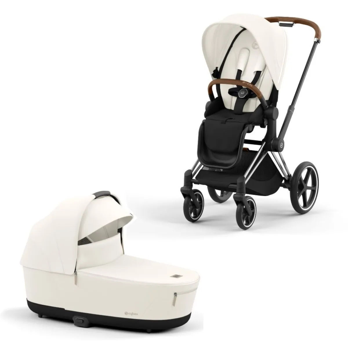 Cybex Combi Kinderwagens * Priam Kinderwagen Compleet Off White - Chrome Brown Frame Wit