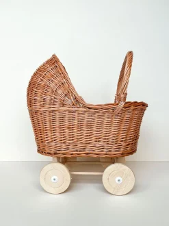 Hollie Houten Speelgoed|Overig * Rieten Poppenwagen Met Kap Retro Flowers Naturel