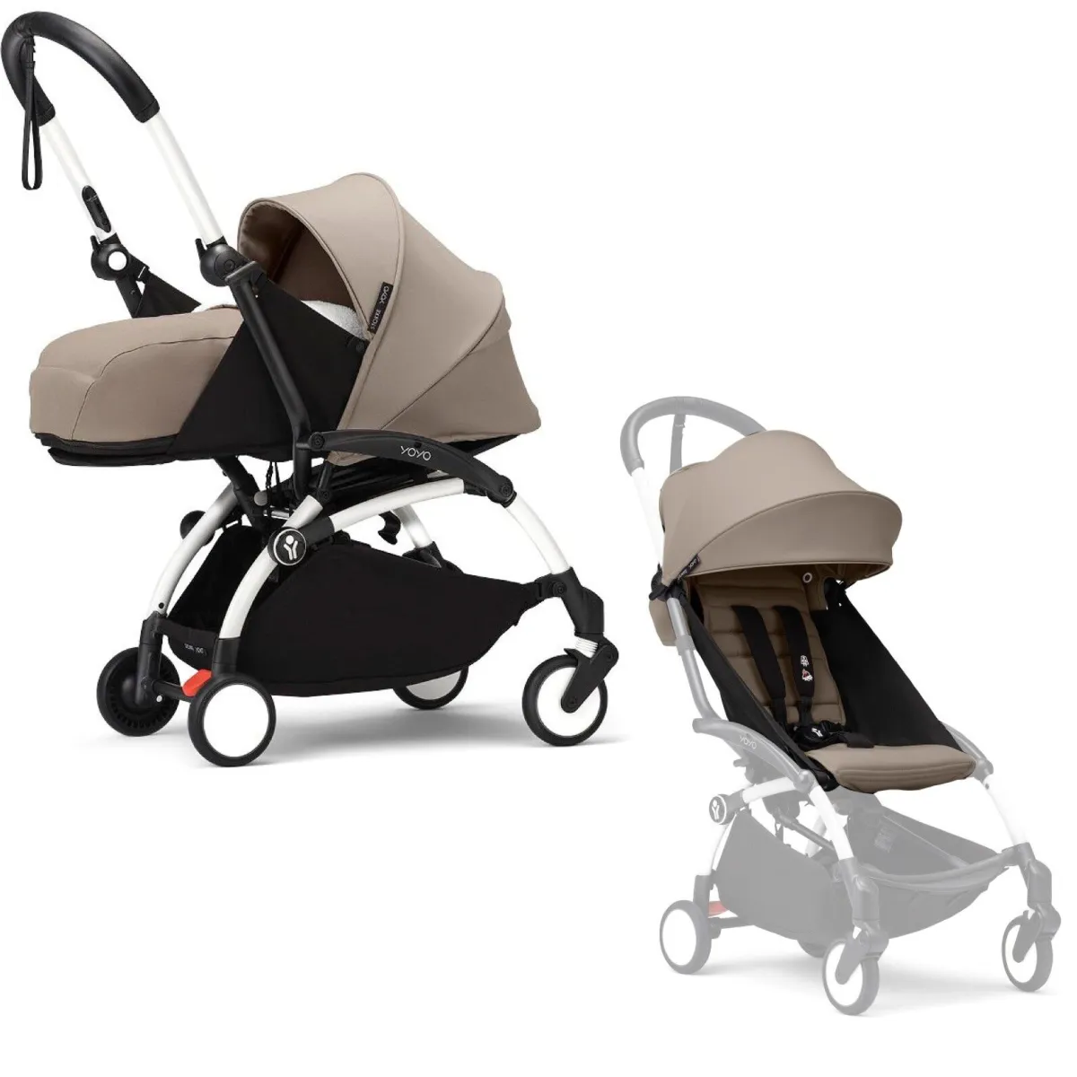 Stokke Combi Kinderwagens|Compacte Kinderwagens * YOYO³ Kinderwagen Compleet met 0+ Newborn Pack Taupe – White Frame Bruin