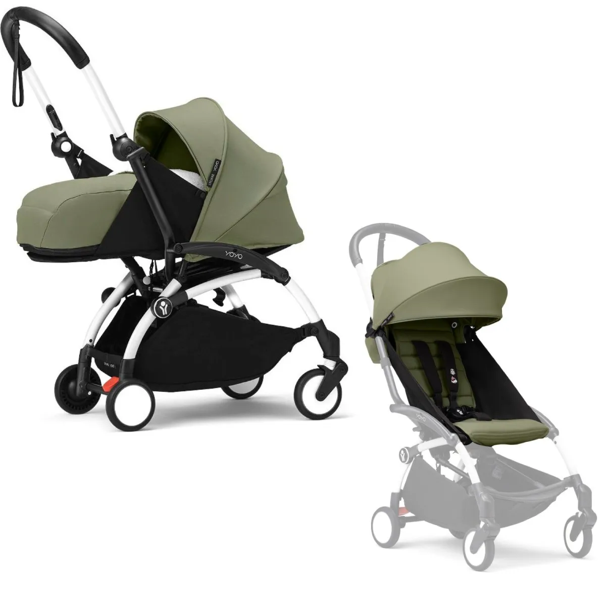 Stokke Combi Kinderwagens|Compacte Kinderwagens * YOYO³ Kinderwagen Compleet met 0+ Newborn Pack Olive – White Frame Groen